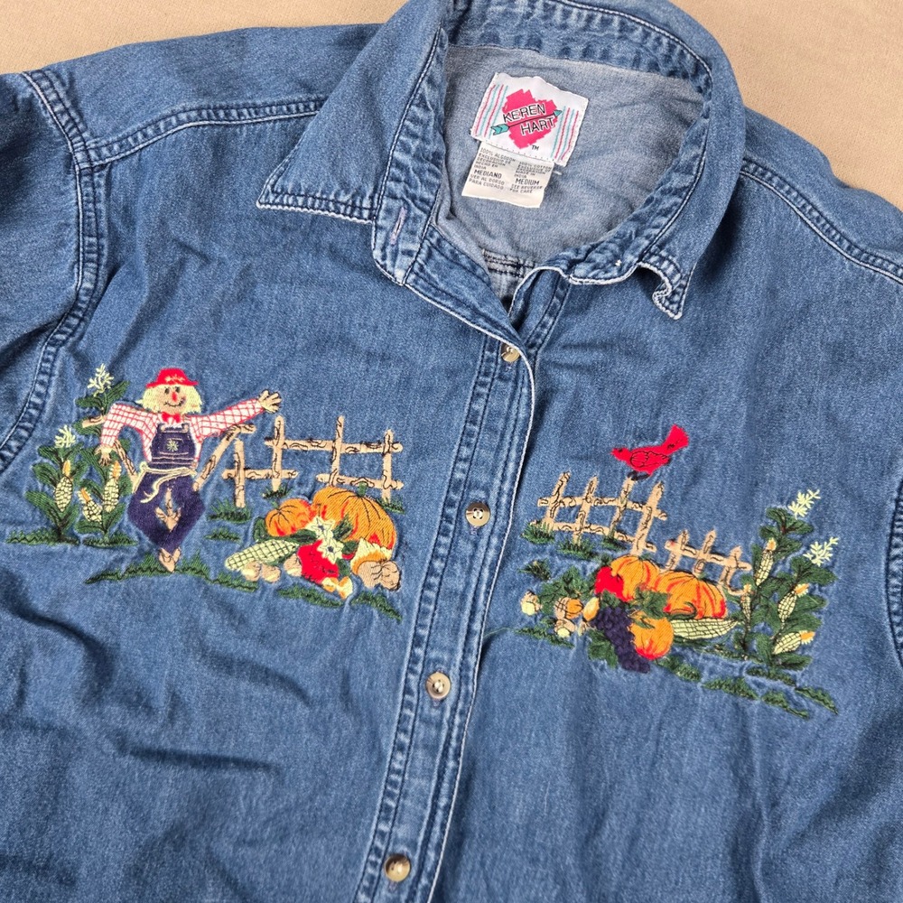 Keren Hart Blue Denim Embroidered Harvest Scarecrow Pumpkin Shirt Med Fall Vtg
